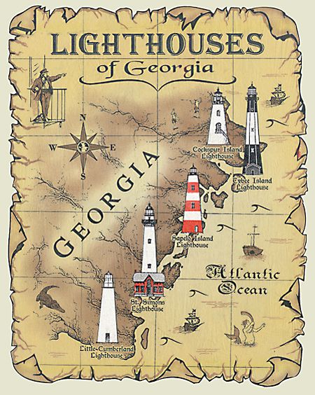 Lighthouses of Georgia Map T-Shirt Georgia Lighthouses, Tybee Island Lighthouse, Georgia Map, Lighthouse Photos, Lighthouse Pictures, Lighthouse Art, Georgia Travel, Beautiful Lighthouse, Beacon Of Light