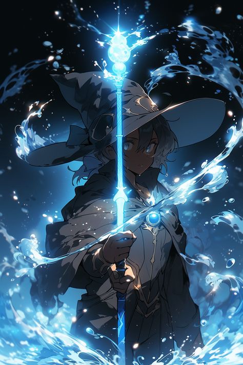 water mage controlling water Anime Water Spirit, Water Staff Magic, Water Powers Anime, Water Mage Character Design, Water Witch Character Design, Water Magic Art, Water Genasi Male, Ice Character Design, Elemental Wizard