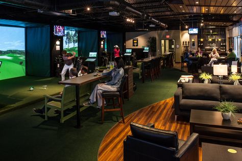 http://golfersgrail.net/pictures.html Sport Bar Design, Home Golf Simulator, Indoor Golf Simulator, Golf Bar, Golf Simulator Room, Clubhouse Design, Golf Clubhouse, Golf Driving Range, Golf Room