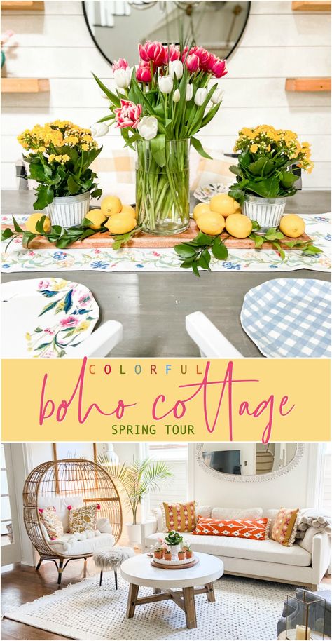 Colorful Boho Cottage Spring Tour. Bring color to your farmhouse or cottage home with these easy boho ideas! Boho Cottage Decor, Quirky Cottage, Moodboard Branding, Cape Cottage, Cottage Spring, Boho Ideas, Easy Diy Ideas, Boho Dining Room, Colorful Cottage