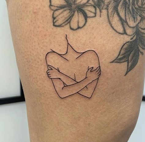 Small Tattoos Body Positive, Vulnerability Tattoo Ideas, Hugging Yourself Tattoo, Tattoo Body Positivity, Insecurities Tattoo, Tattoos Body Positivity, Self Hug Tattoo, Body Positive Tattoo, Hug Tattoo