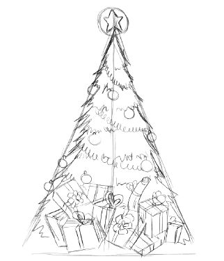 Draw A Christmas Tree, Christmas Tree Sketch, Inteior Design, Big Christmas Tree, Christmas Tree Drawing, Tree Sketches, Relaxing Art, White Gel Pen, Beautiful Christmas Trees