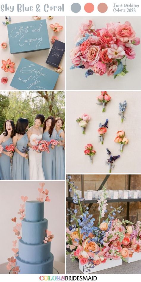 Sky Blue and Coral June Wedding Color Palettes Inspirations 2023: Bridesmaids in sky blue dresses and bride in white gown with coral bouquets of sky blue ribbons, coral corsages, sky blue wedding cakes with some coral flowers. #weddings #weddingideas #bridesmaiddresses #summerwedding #colsbm #2023 #skybluewedding #junewedding Wedding Colors June, Sky Blue Dresses, June Wedding Colors, Blue Coral Weddings, Coral Wedding Themes, Coral Wedding Colors, Wedding Color Schemes Summer, Sky Blue Weddings, Color Durazno