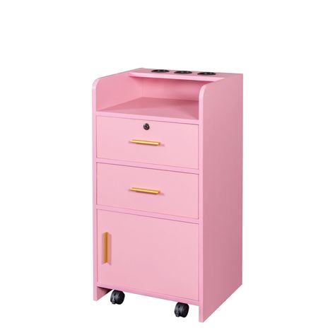 Product size: W16.93*D13.78*H31.10 Net weight: 39.68lbs Two enclosed drawers and a cabinet add storage space for various items and eliminate clutter from the desk Cabinet top with 3 round holes for hair dryer and other items  Overall simple atmosphere,… Beauty Salon Storage, Beauty Salon Stations, Salon Storage, Locking Storage Cabinet, Salon Stations, Decorative Boards, Hair Dryer Holder, Accent Chests And Cabinets, Beauty Organization