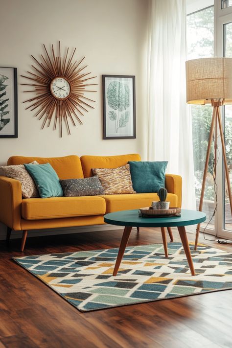 Transform your space with this vibrant living room decor! Featuring a bold mustard sofa, eclectic pillows, and unique wall art, this setup brings warmth and style. Add a geometric rug and wooden accents for a cozy yet chic look. #LivingRoomDecor #HomeStyle #InteriorDesign Mustard Yellow Living Room Decor, Mustard Accent Wall, Mustard Living Room Decor, Teal And Mustard Living Room, Yellow Couch Living Room, Beyoncé Fashion, Eclectic Pillows, Mint Living Rooms, Mustard Living Rooms