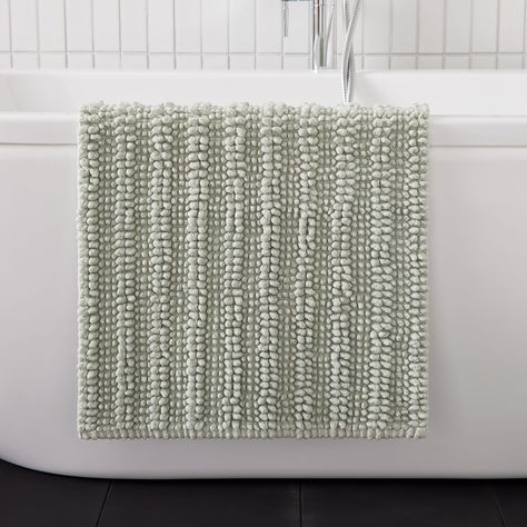 Organic Chenille Stripe Bath Mat | West Elm Farmhouse Bathroom Rugs Bath Mats, Master Bath Rugs, Modern Scandinavian Bathroom, Mid Century Bathroom, West Elm Kids, Charm Quilt, Striped Shower Curtains, White Dinnerware, Rattan Basket