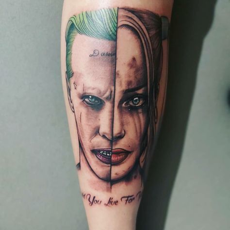 Would you live for Me? Joker And Harley Quinn Tattoo, Harley Quinn Tattoo, Joker And Harley Quinn, Harley Quinn, Watercolor Tattoo, Portrait Tattoo, Tattoos