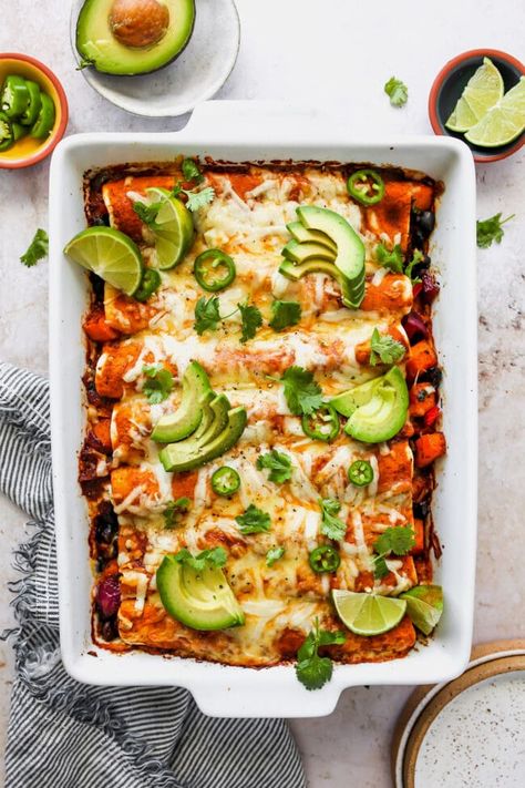 Butternut Squash Enchiladas {Vegetarian} - Two Peas & Their Pod Enchiladas Vegetarian, Squash Enchiladas, Squash Black Bean, Butternut Squash Enchiladas, Cubed Butternut Squash, Butternut Squash Black Bean, Beans And Cheese, Enchilada Ingredients, Black Bean Enchiladas