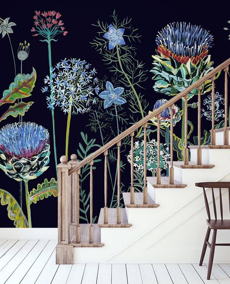 NIGHT GARDEN MURAL WALLPAPER - Lucy Tiffney Lucy Tiffney, Garden Mural, 4 Wallpaper, Night Garden, Mural Design, Mural Wall Art, Strong Colors, Home Wallpaper, Mural Art