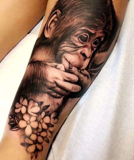 Baby Monkey Tattoo -allena.marie Monkey And Elephant Tattoo, Monkey Tattoo Ideas For Women, Chimp Tattoo, Cute Monkey Tattoo, Chimpanzee Tattoo, Monkey Tattoo Small Cute, Monkey Tattoo Design, Monkey Tattoo Ideas, Key Tattoo Designs