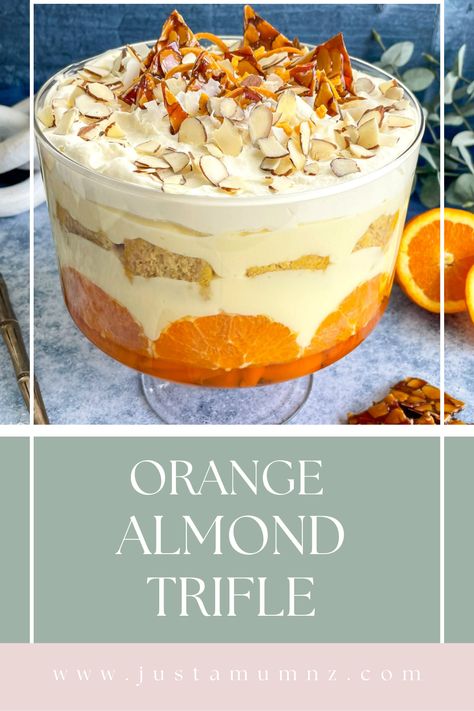 A delicious luxurious trifle filled with orange almond cake, jelly, mangos, custard, mascarpone and cream! A perfect Christmas Dessert Thanksgiving Trifle Recipes, Almond Trifle, Thanksgiving Trifle, Orange Trifle, Almond Orange Cake, Mango Trifle, Orange Almond Cake, Trifle Bowl Recipes, Cake Trifle