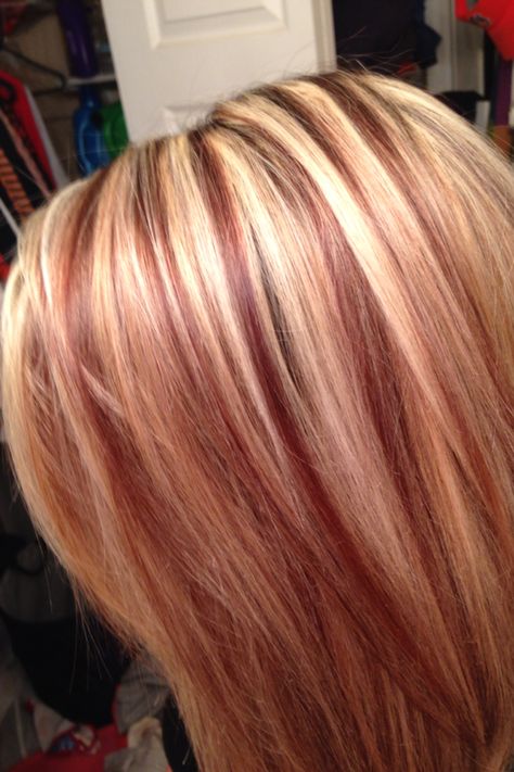 Red lowlights Blonde Red Carmel Highlights, Blonde And Burgundy Highlights, Hair Color Ideas Red And Blonde, Blonde Highlights With Red Lowlights, Red Highlights In Blonde Hair, Blonde With Red Lowlights Hair, Blonde Hair Red Lowlights, Red Lowlights, Red And Blonde Hair