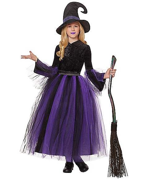 Kids Witch Costume - The Signature Collection - Spirithalloween.com Scary Girl Costumes, Toddler Witch Costumes, Black And Purple Dress, Disney Baby Costumes, Kids Witch Costume, Toddler Girl Halloween, Horror Costume, Witch Costumes, Witch Halloween Costume