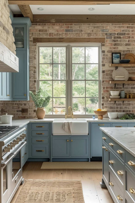 40 Gorgeous Rustic Farmhouse Kitchen Designs for a Classic Look Updated Farmhouse Kitchen, Inside Of Cottage, Kitchen With Red Brick, Farmhouse Kitchen Cabinet Colors, Rustic Country Kitchen Designs, Classic Kitchen Ideas, Kitchen Blue Cabinets, Kitchen With Beams, Rustic Farm Home