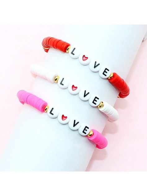 Hot Pink,Red,White  Collar  Polymer Clay   Embellished   Women's Fashion Jewelry Valentines Clay Bead Bracelets, Slay Bracelets, Alpha Bracelets, Bracelet Clay, Clay Bracelet, Beads Bracelet Design, Bracelet Design, Bracelet Ideas, Polymer Clay Beads