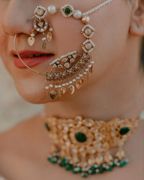 Nose Ring Ideas, Bridal Nath Designs, Nath Designs, Bridal Nath, Nose Jewels, Bridal Nose Ring, Indian Bridal Jewelry, Bridal Jewellery Inspiration, Indian Wedding Jewelry Sets