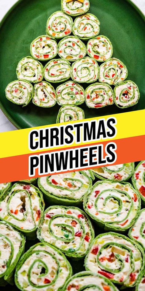 These Christmas Pinwheels are an easy appetizer made in about 15 minutes! Festive tortilla roll-ups filled with cream cheese, ranch, and crunchy veggies. Tortilla Roll-Ups also make fun on-the-go lunches! Pinwheel Appetizers Spinach Tortillas, Appetizer Wraps Recipes, Salsa Cream Cheese Roll Ups, Cinnamon Roll Pinwheels, Pinwheel Tortilla Wraps Roll Ups, Roll Up Recipes Tortilla, Tortilla Spirals Roll Ups, Christmas Tree Tortilla Roll Ups, Pioneer Woman Pinwheels