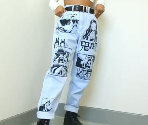 Anime Pants Design, Anime Custom Jeans, Anime Jeans Painting, Anime Jeans, Anime Pants, Denim Diy Clothes, Painted Clothes Diy, Diy Clothes Life Hacks, Anime Inspired Outfits