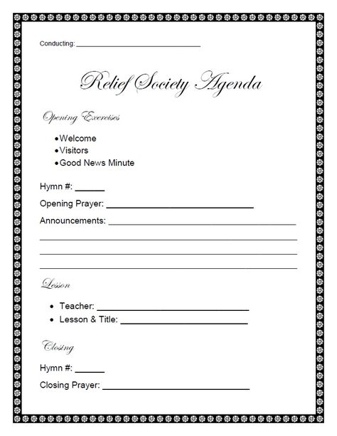 Relief Society Agenda Shared by: Sally H. I designed this Relief Society Agenda for my Grandma and thought it may be of use to others as well. Lds Relief Society Conducting Sheet, Relief Society Conducting Sheet Free 2023, Relief Society Agenda Templates, Relief Society Interest Survey, Relief Society Declaration Printable, Relief Society Conducting Sheet Free, Relief Society Presidency Meeting Agenda, Relief Society Conducting Sheet, Lds Relief Society Activities