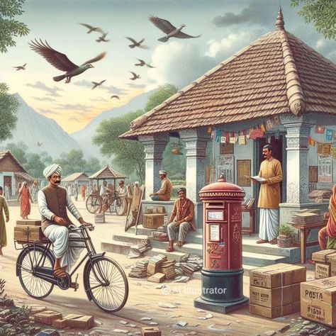 An Indian Village - Illustration !!! #illustration #Indian #village #old #nostalgia #postoffice #postman #retro #style #bicycle #posts #hashtag #instagood #instalike #instamood #instagram #calm #unique #ai_illustr8 #aiart #artworkbyai #concept Indian Village Illustration, Indian Post Office, Village Illustration, Illustration Indian, Old Post Office, Village Photos, Ancient Village, Rural India, Indian Village