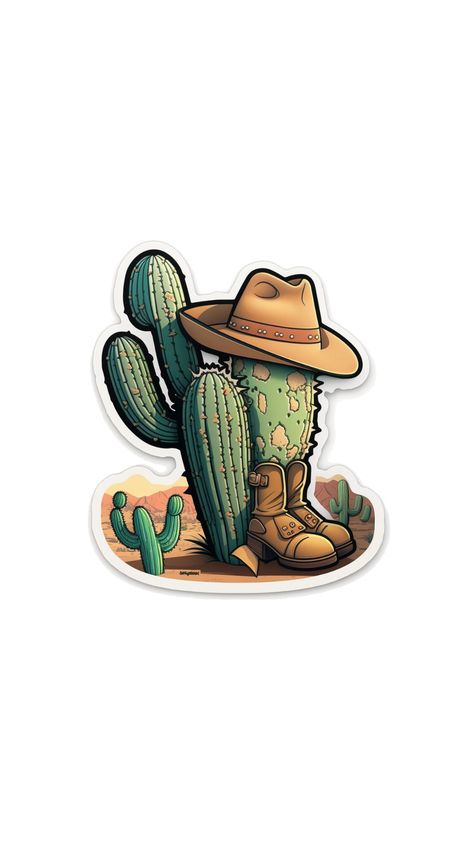 Boots Art Drawing, Cartoon Cactus, Cowboy Stickers, Cactus Clipart, Cactus Stickers, Western Paintings, Cowboy Party, Tattoo Art Drawings, Unique Sticker