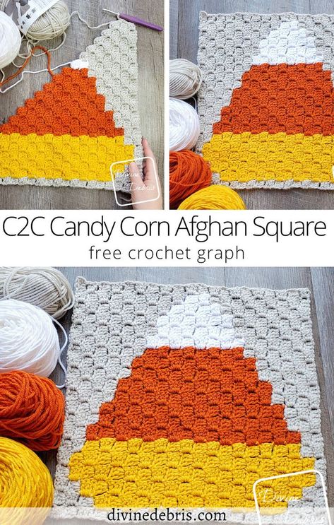 Learn to make this fun, colorful, and iconic Candy Corn Afghan Square from a free crochet graph by Divine Debris Fall Crochet Blanket Patterns, Fall Crochet Blanket, Crochet C2c Pattern, Thanksgiving Crochet, C2c Crochet Pattern Free, Autumn Crochet, Crochet Holiday, Crochet Graph, Corner To Corner Crochet