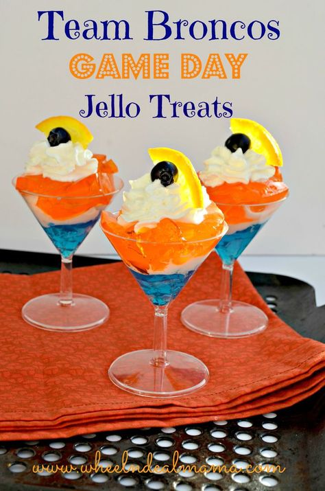 Team Broncos Game Day Jello Treats - Perfect for your Superbowl parties!! Game Day Desserts, Denver Broncos Cake, Jello Treats, Superbowl Desserts, Green Jello, Football Snacks, Go Broncos, Denver Broncos Football, Super Bowl 50