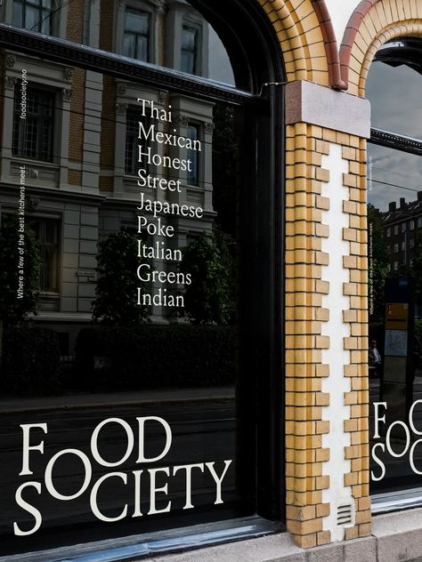 Food Society by Bleed Storefront Signage, Brand Identity Colors, Store Front Windows, Visuell Identitet, Window Signage, Room Of One's Own, Restaurant Concept, Store Window, Restaurant Branding