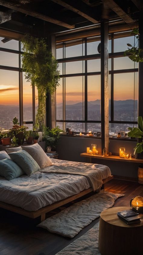 Night Ambiance, Bed Plants, Purple Posters, Bedroom Inspirations Cozy, Penthouse Bedroom, Inspiring Aesthetic, Cozy Bedroom Decor, Spring Porch Decor, Bedroom Decor Cozy