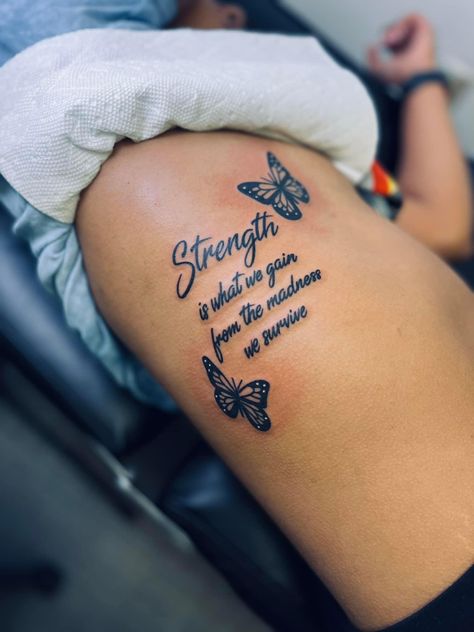 Thigh Tattoo Quotes, Cute Thigh Tattoos, Stomach Tattoos Women, Belly Tattoos, Meaningful Tattoo Quotes, Hand Tattoos For Girls, Cute Hand Tattoos, Pretty Hand Tattoos, Butterfly Tattoos For Women