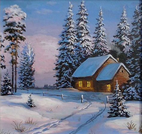 Winter Cabin Painting, Winter Scene Paintings, Colour Drawing, Arte Aesthetic, Winter Landscape Painting, Christmas Landscape, Christmas Scenery, Barn Painting, Painting Snow