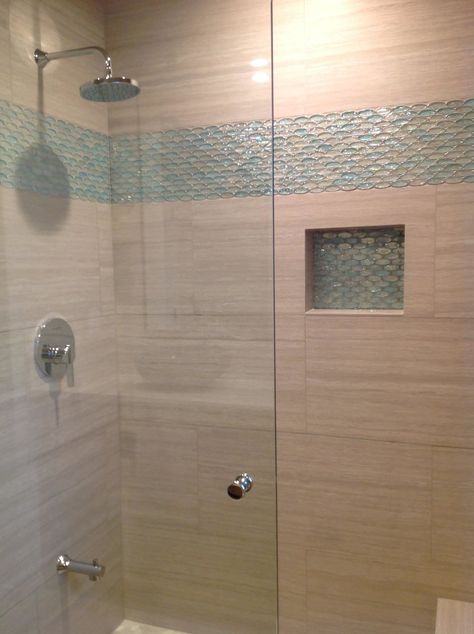 Aqua and Clear Oval Glass Tile Bathroom Accent Modern Home in Del… on Dwell Glass Tiles Bathroom, Glass Tile Bathroom, Beach Style Bathroom, Bathroom Shower Walls, Bathroom Accents, Tiles Bathroom, Bathroom Redesign, Bathroom Tile Designs, Bathroom Remodel Designs