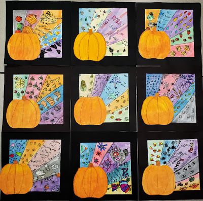 Halloween Art For 4th Grade, October Art 3rd Grade, October Crafts 3rd Grade, Grade 4 Halloween Art, Grade 5 Fall Art, Halloween Art 3rd Grade, Third Grade Fall Art Projects, Thanksgiving Art Grade 2, Grade 2 Thanksgiving Art