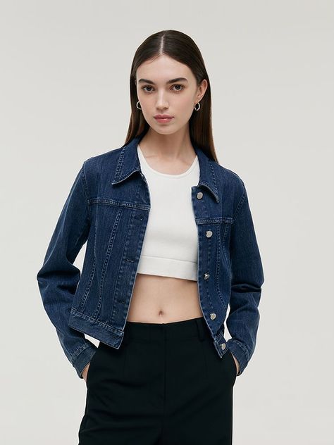 Denim Lapel Single-Breasted Women Crop Jacket GOELIA Womens Cropped Jacket, Long Sleeve Short Dress, Cropped Denim Jacket, Formal Looks, Cropped Style, Women Crop, Look Plus, Knitted Tank Top, Cropped Denim