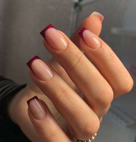 Discover 25 Stunning Burgundy Fall Nails Ideas - Designs, Colors, and Shapes for Every Style Autumn Biab Nails Square, Gel Mani Short Nails Fall Colors, French Nails With Burgundy, Short Taper Square Nails, Cute Dark Red Nail Designs, Square French Tip Acrylic Nails Color, Fall Nail Burgundy, French Color Nails Design, Square November Nails