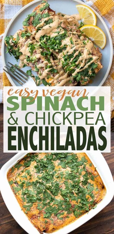 Easy vegan spinach enchiladas with chickpeas are packed with protein and veggies to make a perfect all around meal. Full of flavor with a unique twist! #veganmexican #easyveganmeals #ad via @veggiesdontbite Chickpea And Spinach, Enchiladas Easy, Spinach Vegan, Spinach Enchiladas, Vegan Enchiladas, Vegan Spinach, Easy Enchiladas, Vegan Chickpea, Vegan Mexican Recipes