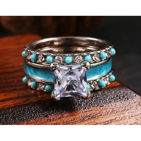 925 Silver Plated Zinc Alloy Ring Set - Three Rings, Wear Separately Or Together. Great For Engagement Or Wedding. Band Of Ring With Large Stone Is Zircon. Gorgeous In Person. Size 8 This Item Is Posted And Managed Courtesy Of Bonanza Western Wedding Rings Sets, Turquoise Wedding Ring Set, Western Engagement Rings, Western Wedding Rings, Turquoise Wedding Rings, Western Rings, Large Stone, Three Rings, Proposal Engagement