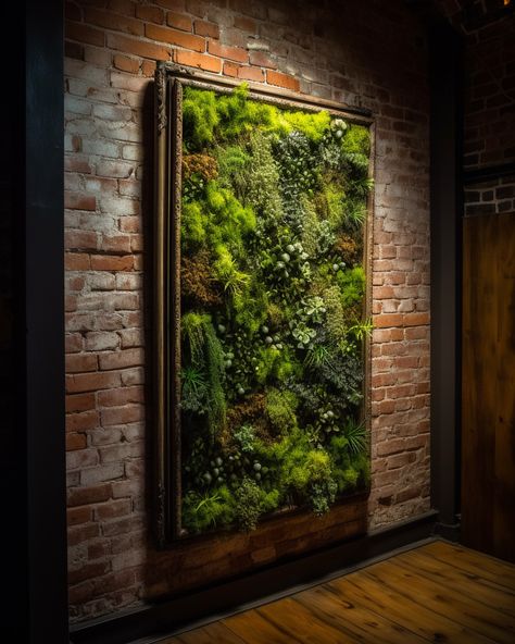 Moss and succulent wall decor, brick wall green plant wall decor, moss frame decor ideas Moss Wall Restaurant, Brick Wall Plants Interior, Moss Brick Wall, Brick Wall With Vines, Brick Wall Plants, Brick Wall With Plants, Moss And Succulent Wall, Salon Esthetics, Frame Decor Ideas