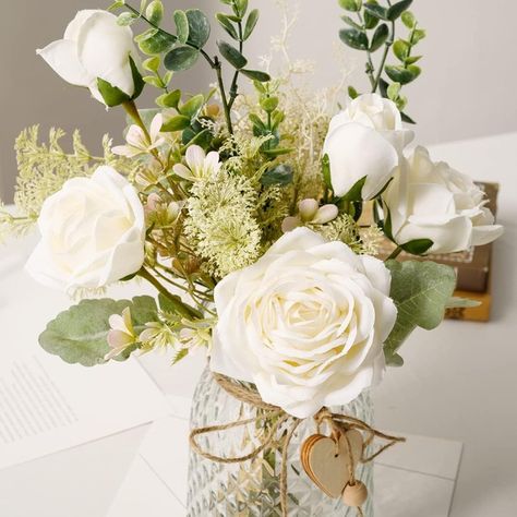 Fake Flowers with Vase, Silk Roses Artificial Flowers in Vase, Faux Flower Arrangement with Vase Suitable for Home Office Decoration, Dining Table Centerpiece(White) Faux Flowers Decor, Artificial Flowers In Vase, Wedding Bouquet Fake Flowers, Rose Buket, Flowers With Vase, Decoration Dining Table, Fake Flower Arrangements, Fake Flower Bouquet, Table Rose