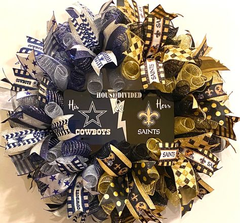 House Divided Football Wreath, Sports Wreath, 49ers Wreath, Football Team Wreaths, House Divided Football, Saints Wreath, House Divided Wreath, Football Crafts, House Divided