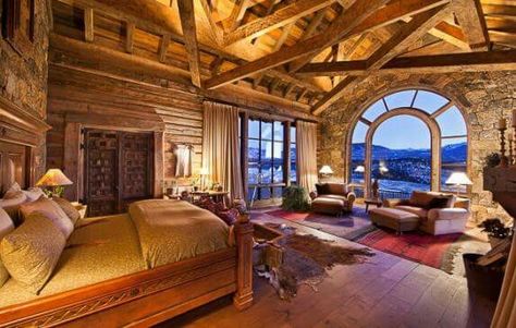 Gorgeous! Log Cabin Bedrooms, Cabin Bedrooms, Block House, Rustic Log Cabin, Cabin Bedroom, Log Home Decorating, Wooden Cabins, Cabin Living, Log Cabin Homes