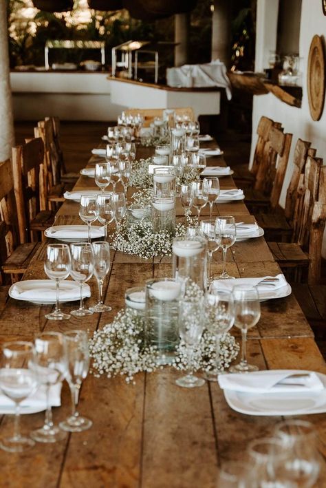 Rehearsal Dinner Decorations Table, Long Wedding Table Decorations, Wedding Dinner Table Setting, White Floating Candles, Long Table Centerpieces, Wedding Rehearsal Dinner Decorations, Candles Reception, Floating Candle Centerpieces Wedding, Modern Wedding Centerpieces