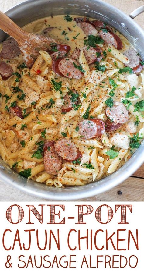 Creamy Andouille Sausage Pasta, Smoked Sausage Cajun Alfredo, Cajun Chicken And Sausage Alfredo, Chicken And Sausage Alfredo, Cajun Chicken And Sausage, Sausage Alfredo Pasta, Sausage Alfredo, Cajun Chicken Alfredo, Chicken And Sausage