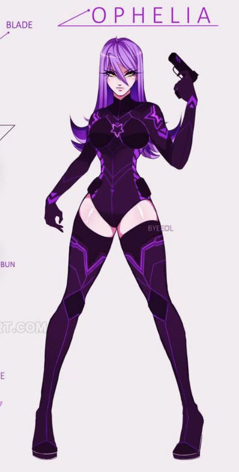 Super Hero Outfits Female, Hero Costume Designs Female, Black And Purple Superhero Suit Female, Female Hero Outfit Design, Anime Villain Outfit Design Female, Superhero Art Female, Villian Costumes Drawing, Goth Hero Costume, Female Villian Outfits Drawing