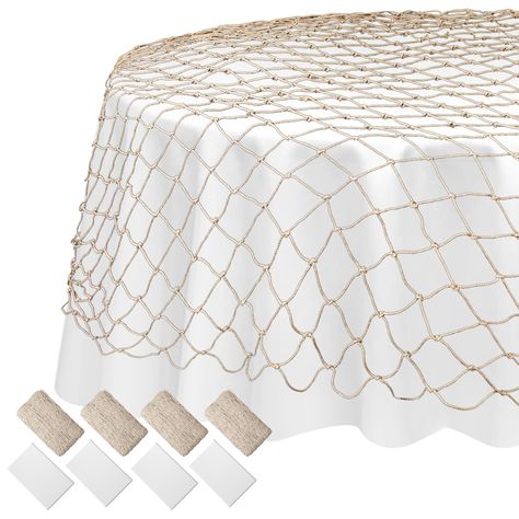 PRICES MAY VARY. Complete Set: you will get 4 fish net decorative with a size of about 39.4 x 78.7 inches and 4 white plastic tablecloths for round tables with a diameter of about 83.8 inches, sufficient quantity and large size to meet your use and replacement; They are ideal for set off the party atmosphere Eye Catching Party Decorations: the set of fishing net and white round tablecloth can be applied to decorate your birthday, mermaid theme party, ocean birthday party, nautical theme wedding, Fish Net Decor, Pirate Mermaid, Fishing Themed Birthday Party, Ocean Birthday Party, Fishing Birthday Party, Ocean Theme Party, Table Cloth Decorations, Ocean Birthday, Ocean Party