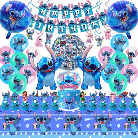 PRICES MAY VARY. 【Package Includes】 This Stitch party supplies kit includes 1pcs Happy Birthday Banner, 1pcs Tablecloth, 1pcs Cake Topper, 4pcs Foil Balloons, 6pcs Hanging Swirls, 24pcs Cupcake toppers, 16pcs Latex Balloons(4style), 50pcs Stickers. It has everything you need for a Stitch themed birthday party. 【High Quality】 All of our Stitch Birthday Decorations are made of high-quality materials, which are safe and non-toxic. The balloons made with natural latex, non-toxic. Every balloons have Stitch Birthday Party Activities, Lilo And Stitch Theme Party, Stitch Theme Party, Lilo And Stitch Party, Birthday Stitch, Streamer Decorations, Stitch Party, Stitch Birthday, Birthday Party Snacks