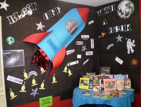 space display | ... karori west normal school has let us share her wonderful space display Rocket Preschool, Space Bulletin Boards, Space Theme Classroom, Reading Display, Space Classroom, Library Themes, Library Book Displays, Class Displays, Preschool Bulletin