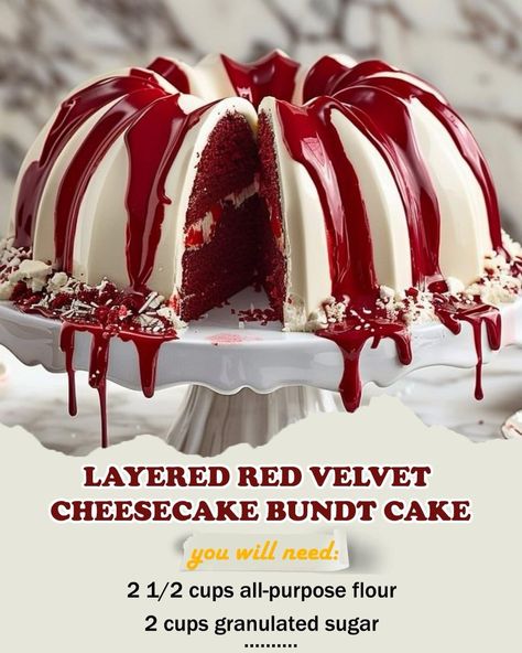 Layered Red Velvet Cheesecake Bundt Cake  Ingredients  For the Red Velvet Cake Layer:  2 1/2 cups all-purpose flour 2 cups granulated sugar 1 tbsp cocoa powder 1 tsp baking soda 1/2 tsp salt 1 1/2 cups vegetable oil 1 cup buttermilk, room temperature 2 large eggs, room temperature 1 tbsp red food coloring 1 tsp vanilla extract 1 tsp white vinegar  For the Cheesecake Layer:  8 oz cream cheese, softened 1/3 cup granulated sugar 1 large egg 1 tsp vanilla extract  For the Cream Cheese Glaze:  4 oz cream cheese, softened 2 cups powdered sugar 1 tsp vanilla extract 2-3 tbsp milk (to adjust consistency)  For the Red Velvet Drizzle:  1 cup powdered sugar 2-3 tbsp milk A few drops of red food coloring (adjust for desired color)  Instructions  Preheat and Prepare the Pan:  Preheat your oven to 350°F Cheesecake Bundt Cake, Red Velvet Bundt Cake, Bundt Recipes, Valentines Recipes Desserts, Cheesecake Layer, Velvet Cheesecake, Christmas Meals, Red Velvet Cheesecake, Creative Desserts