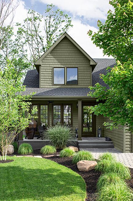 Best Craftsman Exterior Paint Colors, Cabin Outdoor Paint Colors, Green Siding House With Brick, Camp Exterior Paint Colors, Exterior Paint Colors For House In Woods, Exterior House Green Color Schemes, Gray Green House Paint Exterior, Dark Olive Benjamin Moore Exterior, Door Color For Green Siding