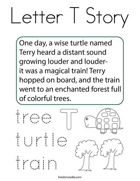 Letter T Story Coloring Page - Twisty Noodle Homework Letter, Letter T Crafts, Letter T Activities, Letter A Coloring Pages, Phonics Free, Twisty Noodle, Tracing Worksheets Preschool, Alphabet Worksheets Preschool, Worksheets Preschool